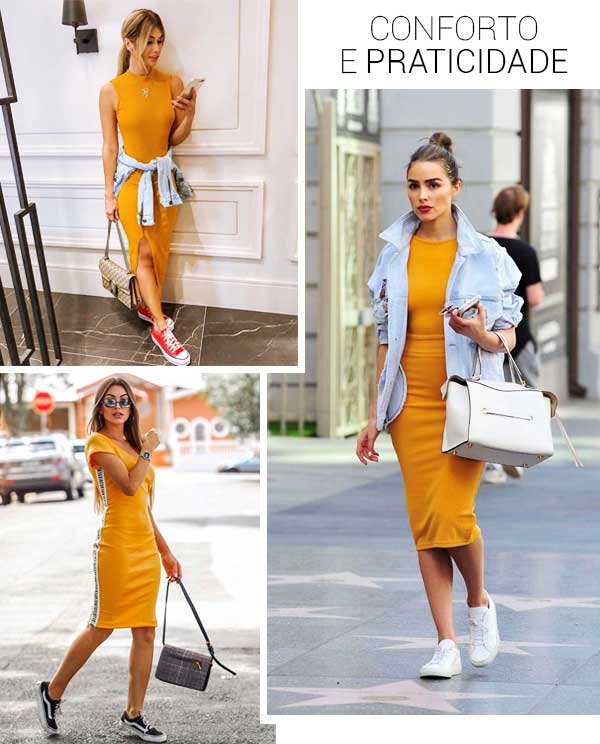 Imagens de look inspiração com o vestido amarelo.