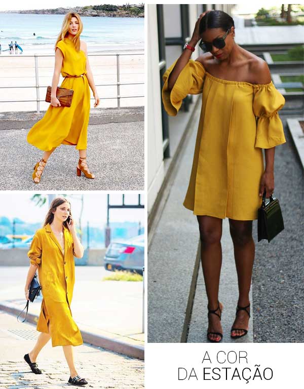 Imagens de look inspiração com o vestido amarelo.
