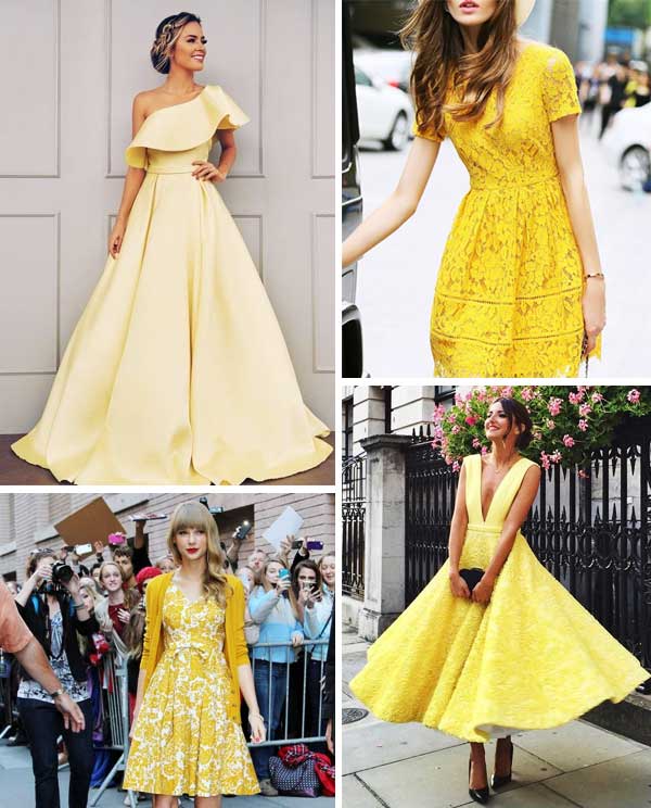 Imagens de look inspiração com o vestido amarelo.