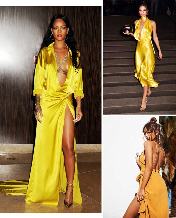 Imagens de look inspiração com o vestido amarelo.