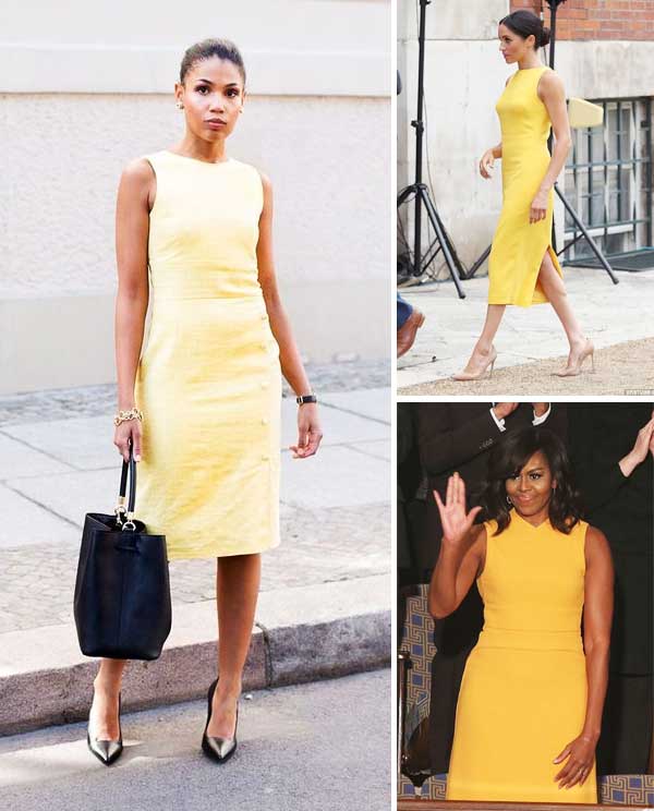 Imagens de look inspiração com o vestido amarelo.